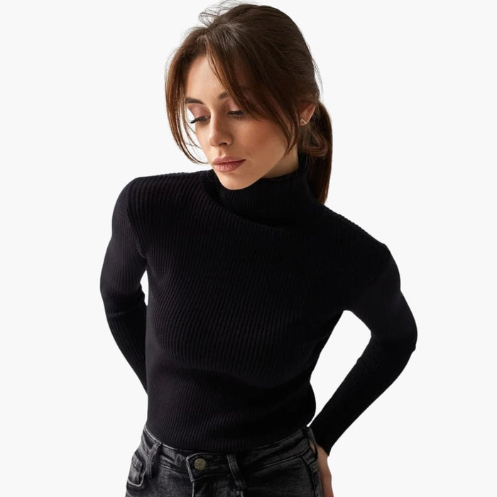 Pullover da donna a collo alto in maglia a coste