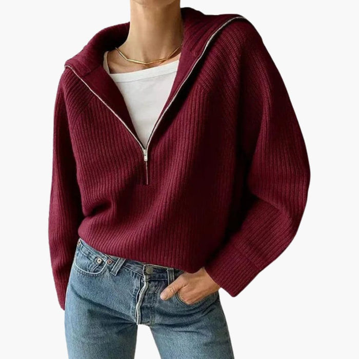 Pullover för kvinnor med halvt blixtlås och ribbstickning