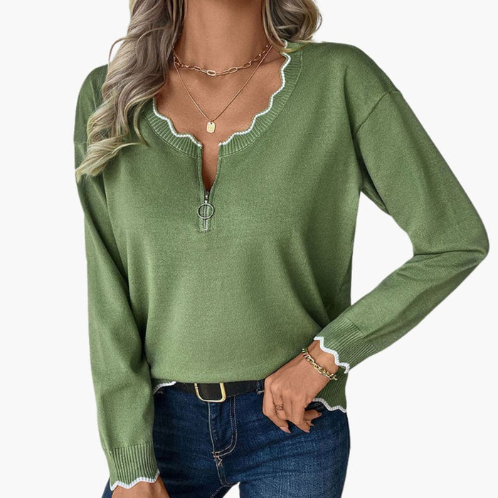 Maglione da donna con cerniera decorativa e dettagli arricciati