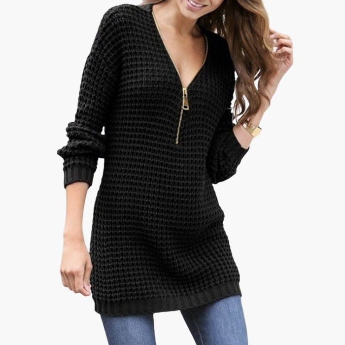 Dame sweater med V-hals og struktureret strik