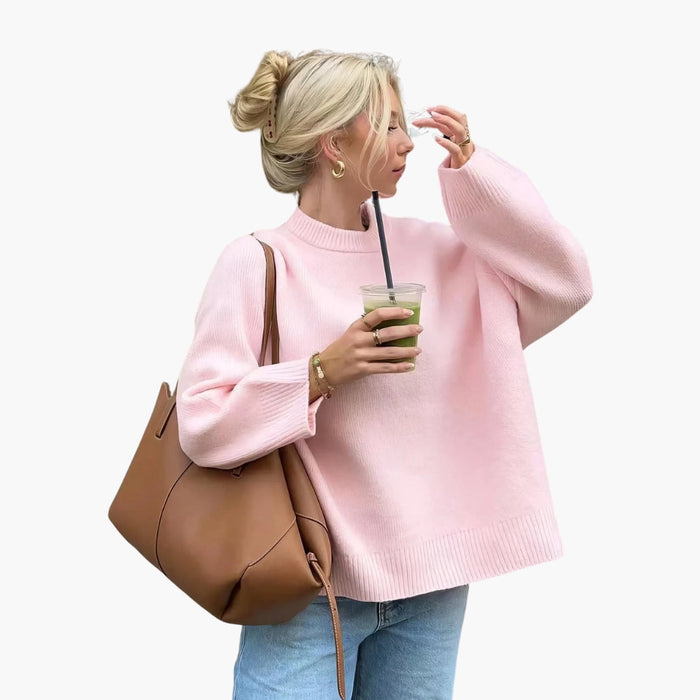 Oversized pullover til kvinder med rund hals og ribstrikkede manchetter