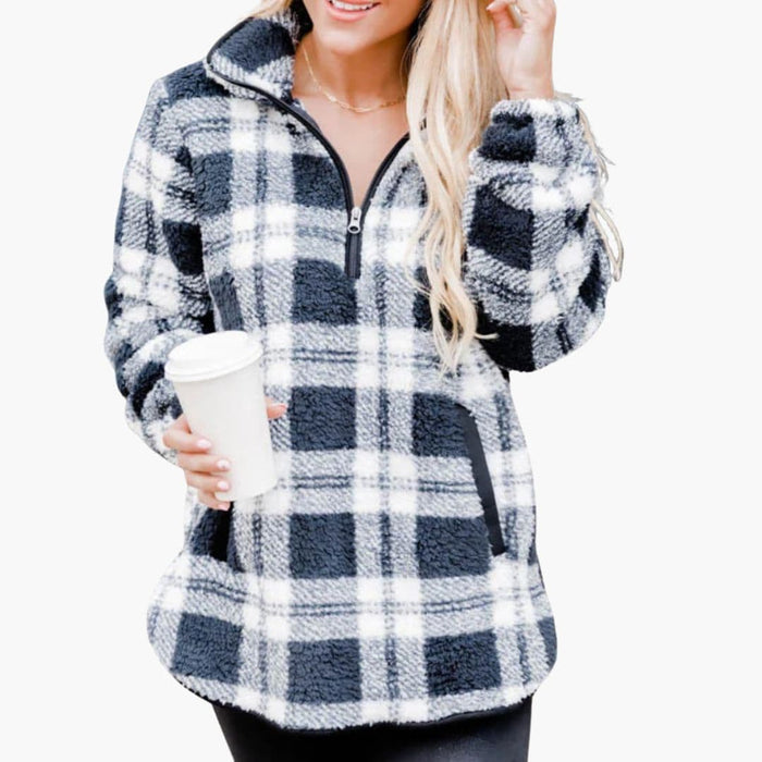Maglia in pile da donna con zip e motivo a quadri