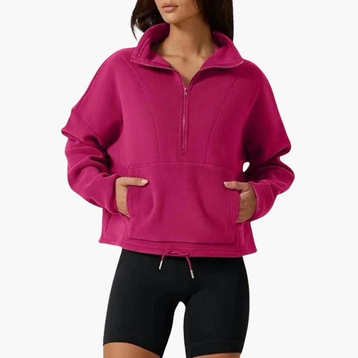 Maglia in pile da donna con mezza zip e tasca frontale