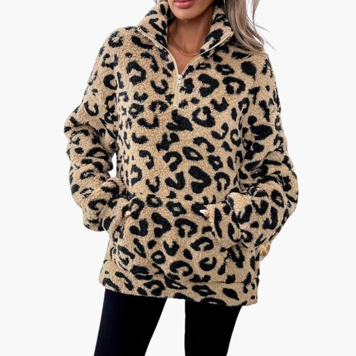 Fleece-trøje til kvinder med leopardprint og halv lynlås