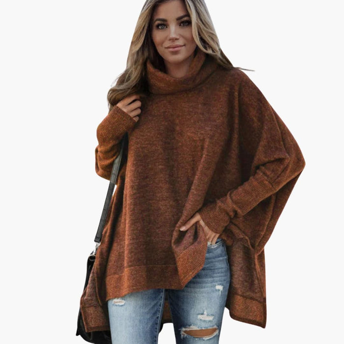 Poncho pullover da donna con ampio colletto e bordo asimmetrico