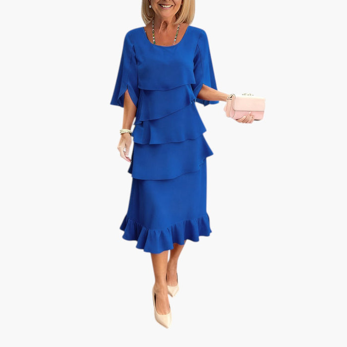 Vestido midi de mujer con mangas abiertas y detalles de volantes