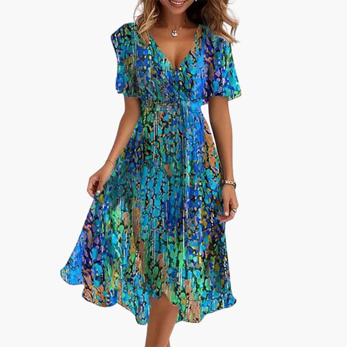 Vestido midi para mujer con estampado floral y mangas cortas