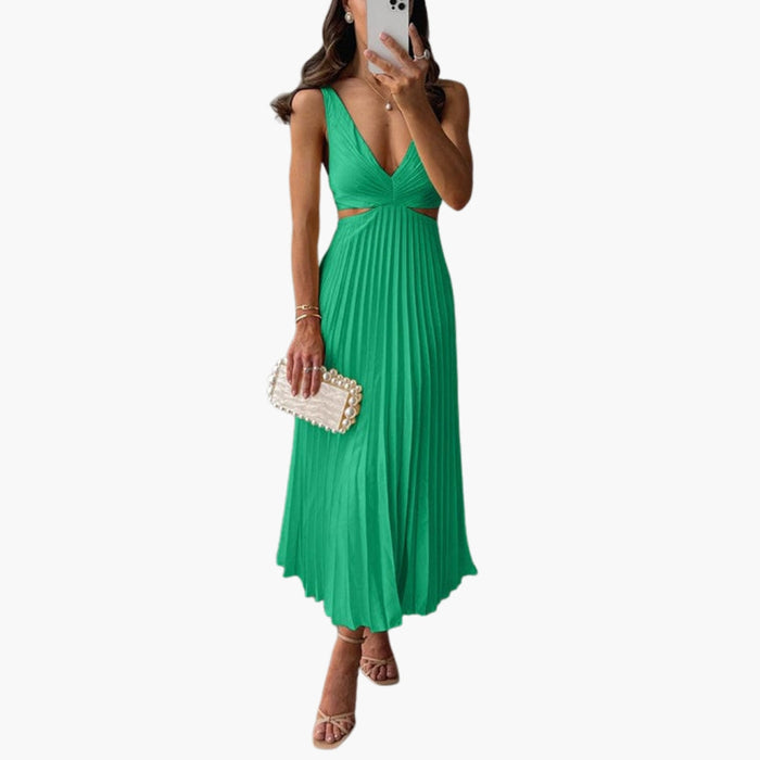 Robe midi pour femme à décolleté en V profond et jupe plissée