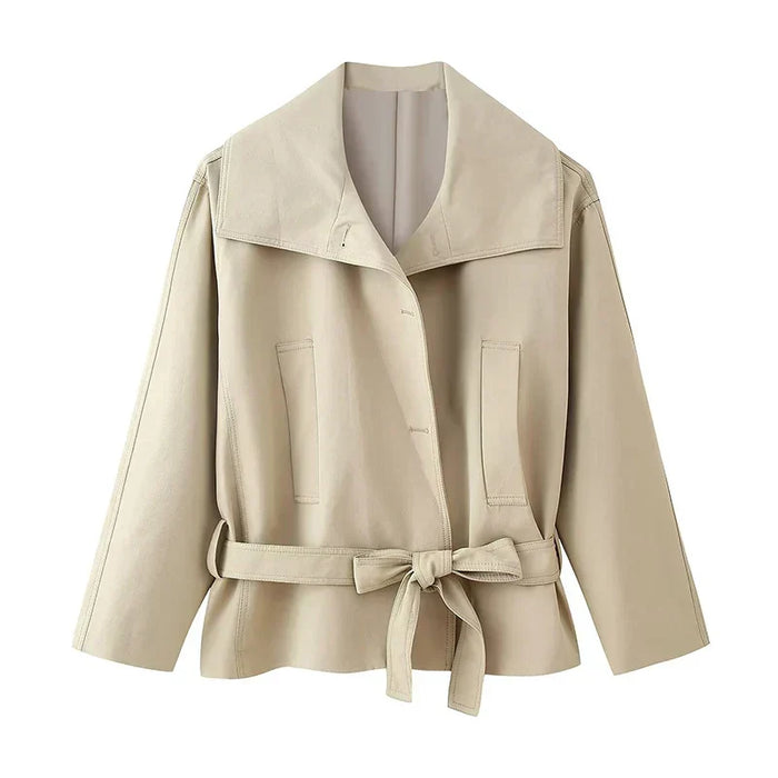 Women's Double-Breasted Trench Coat with Belt and Stand Collar