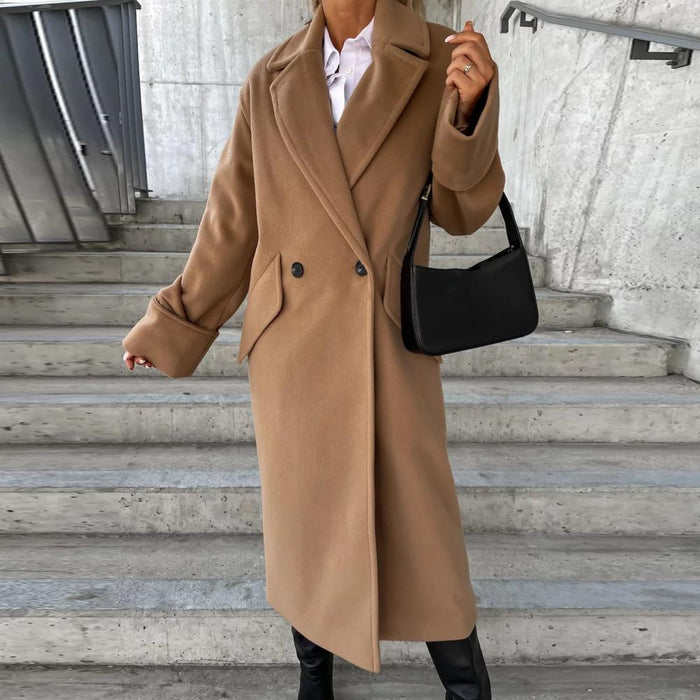 Women's Long Trench Coat with Notch Collar and Button Closure