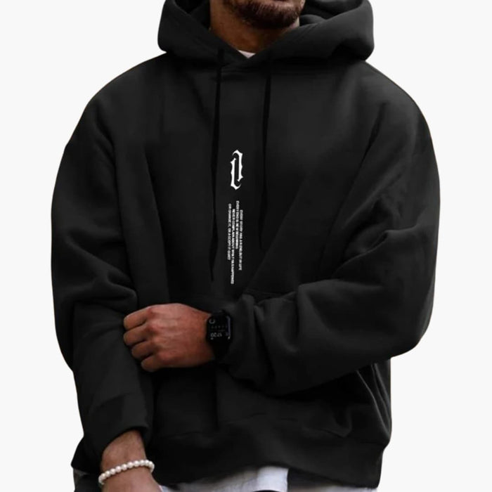 Hoodie för herr med dragsko och tryck på framsidan