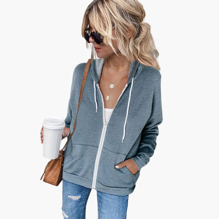 Felpa con cappuccio e cerniera da donna, coulisse e tasche frontali