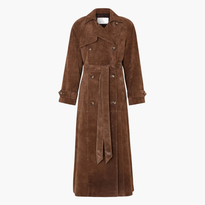 Lang trenchcoat for kvinner med slagkrage og knytebelte