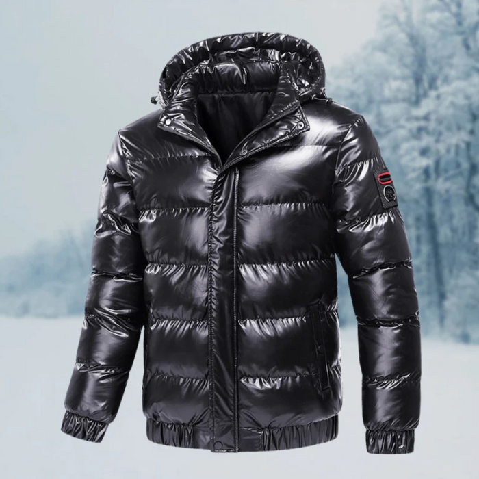 Chaqueta acolchada de plumón para hombre con cuello alto y cierre frontal