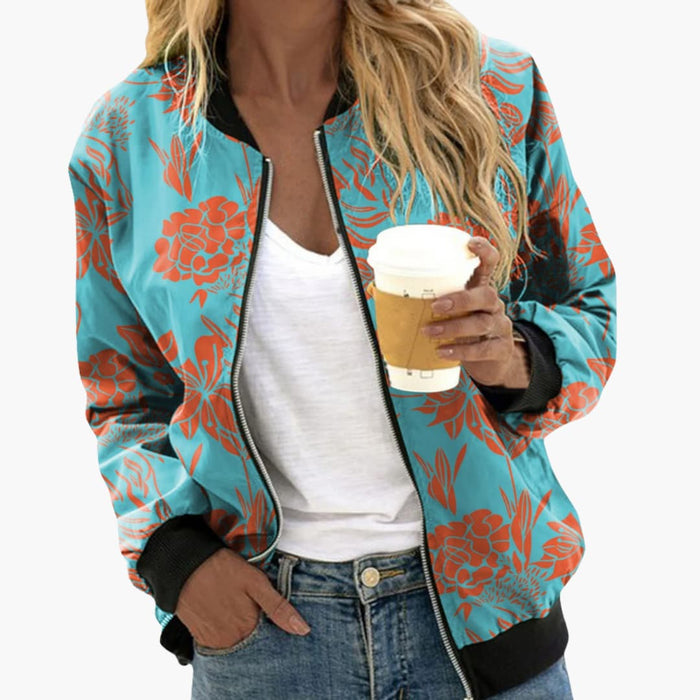Chaqueta bomber de mujer con estampado floral y cremallera
