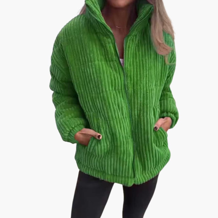 Giacca invernale verde a coste da donna con cerniera