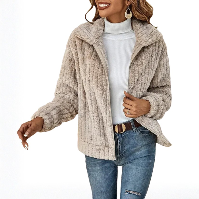 Chaqueta de mujer con relieve, cremallera frontal y cuello vuelto