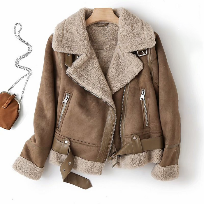 Damen-Bikerjacke in Wildlederoptik mit Sherpa-Fleece-Futter