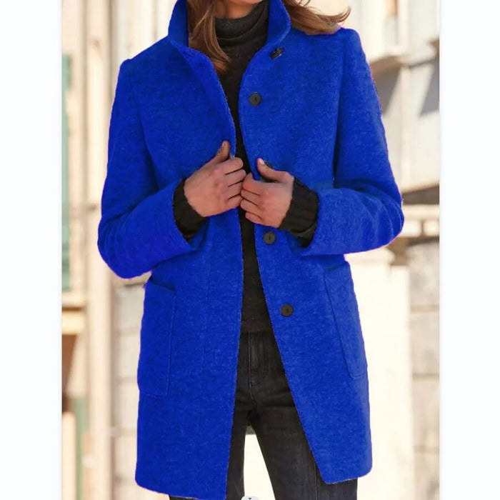 Women's Button-Front Coat with Stand Collar and Pockets