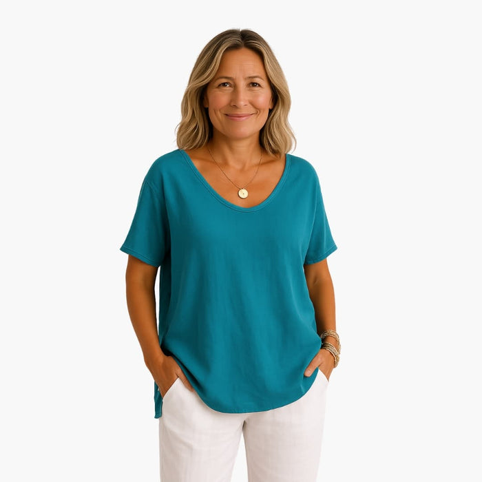 T-shirt för kvinnor med rund halsringning och korta ärmar