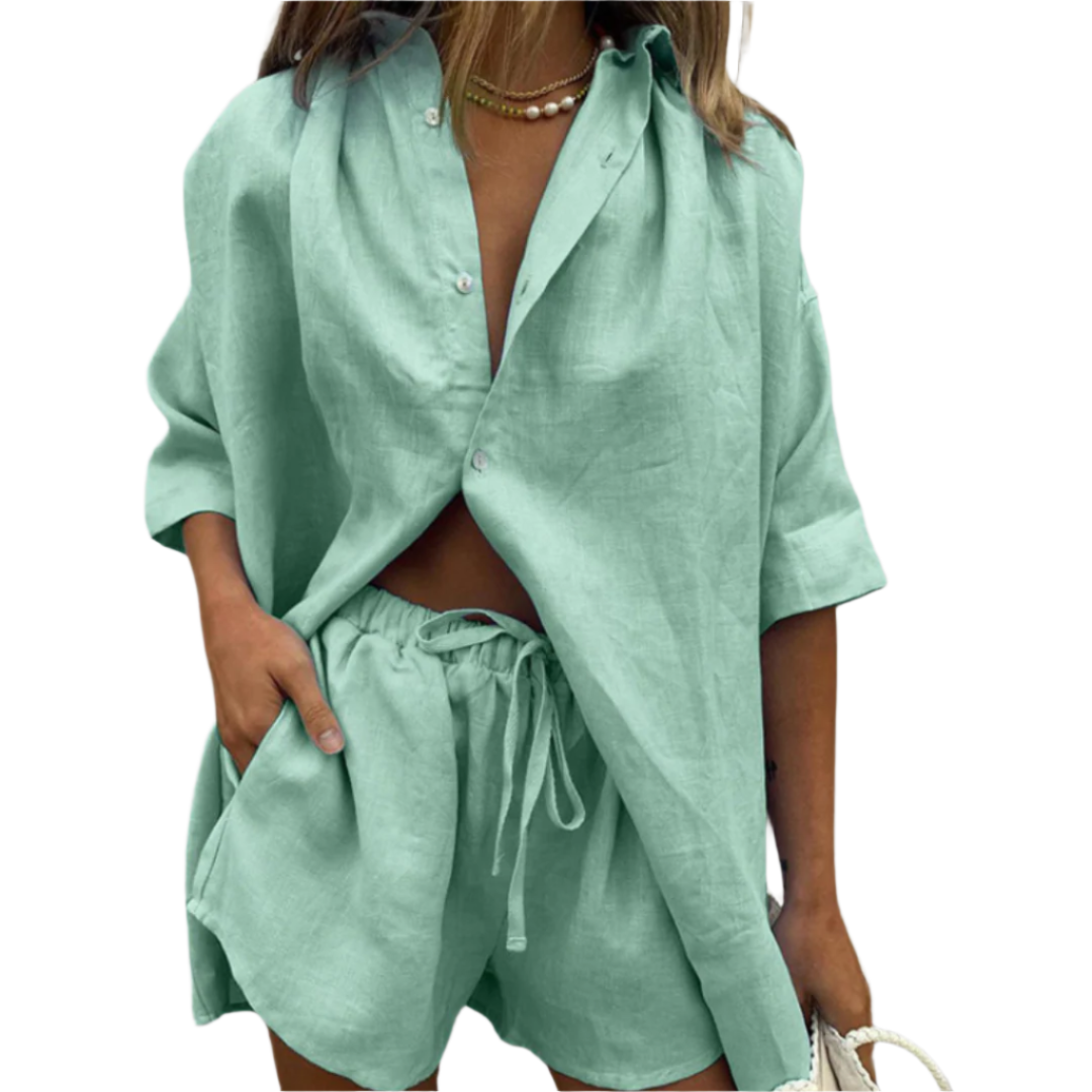 Dame Matchende Sett: Oversized Skjorte &amp; Justerbare Shorts for Komfort