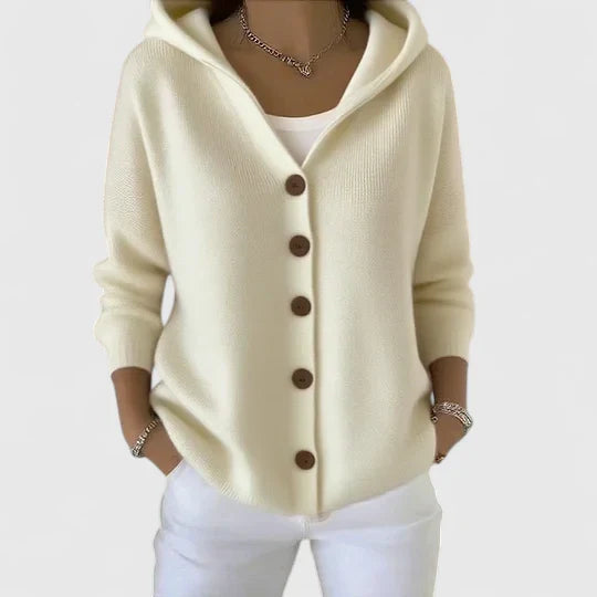 Elegante cardigan da donna con cappuccio e chiusura con bottoni