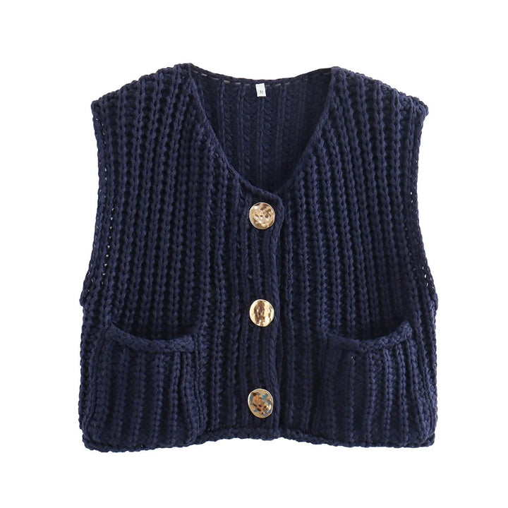 Dame Strikkevest med Metallknapper – Elegant Komfort &amp; Stil