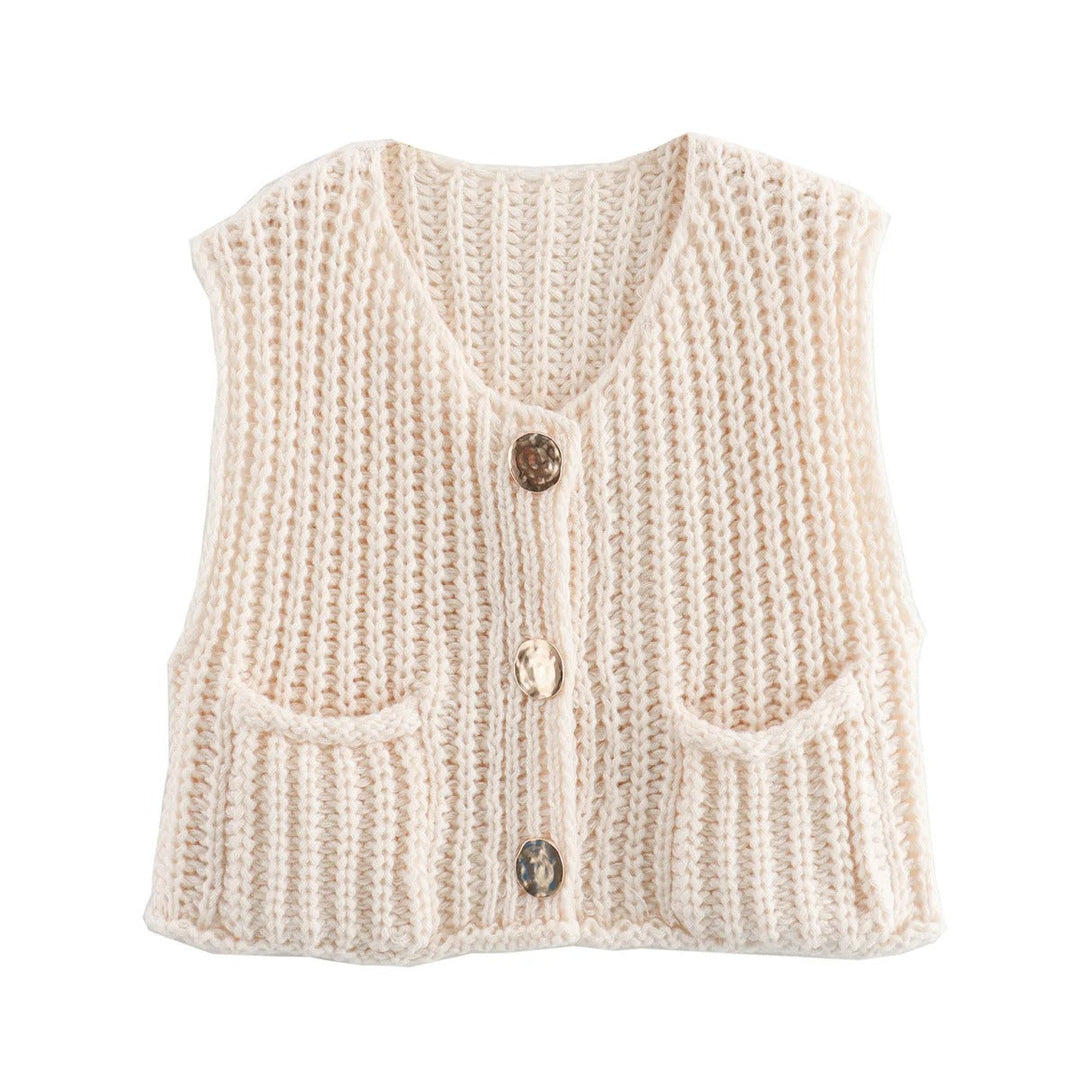 Dame Strikkevest med Metallknapper – Elegant Komfort &amp; Stil