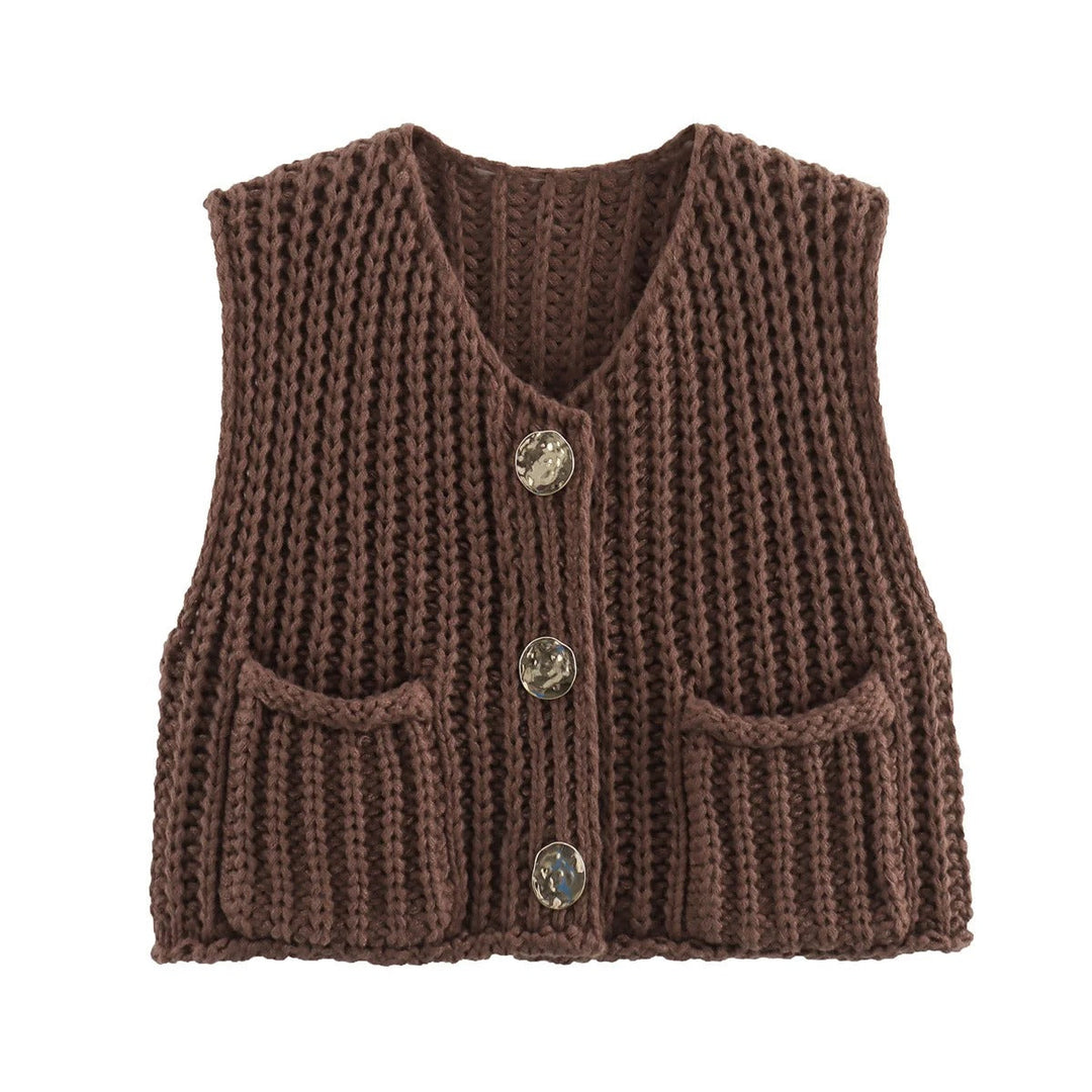 Dame Strikkevest med Metallknapper – Elegant Komfort &amp; Stil