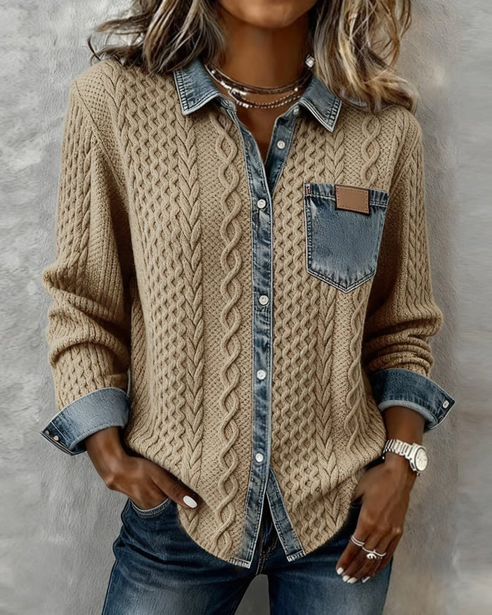 Blusa de punto para mujer con detalles de denim y cierre de botones