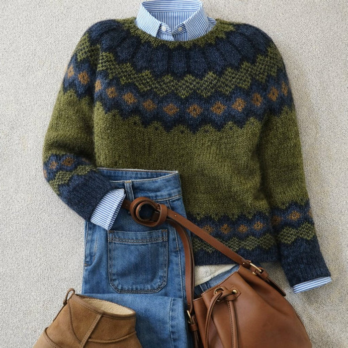 Suéter de punto Fair Isle para mujer con cuello redondo