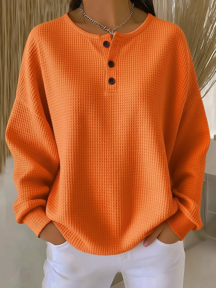 Dame Oversized Henley Sweater med Vaffelstruktur