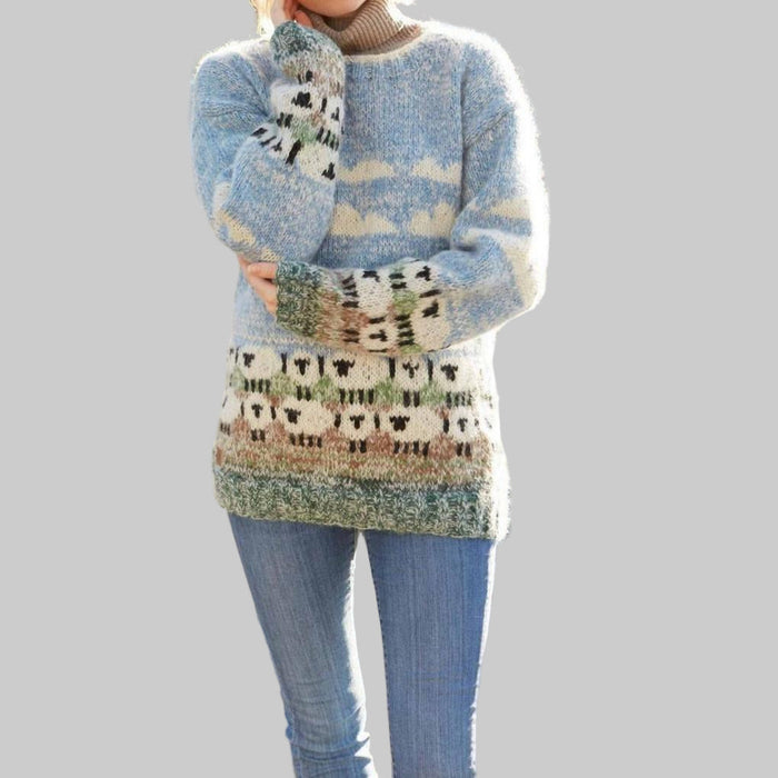 Jersey de punto para mujer con motivo de ovejas y cuello redondo para otoño