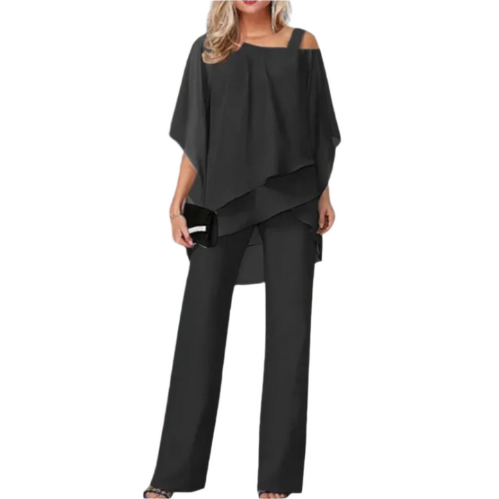 Elegant Kvinne Ensemble med Asymmetrisk Topp &amp; Bred Bukse