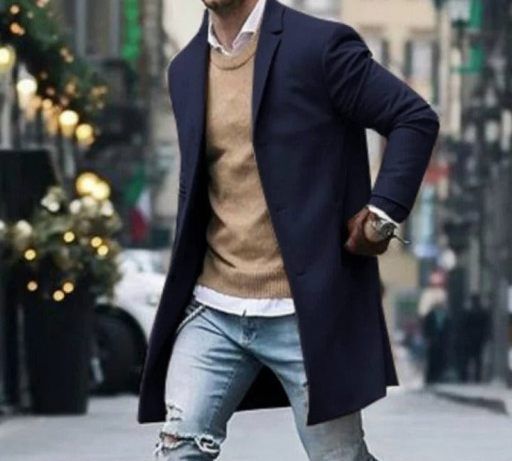 Herre Vinterjakke Slim Fit Vindresistent Ullblandning