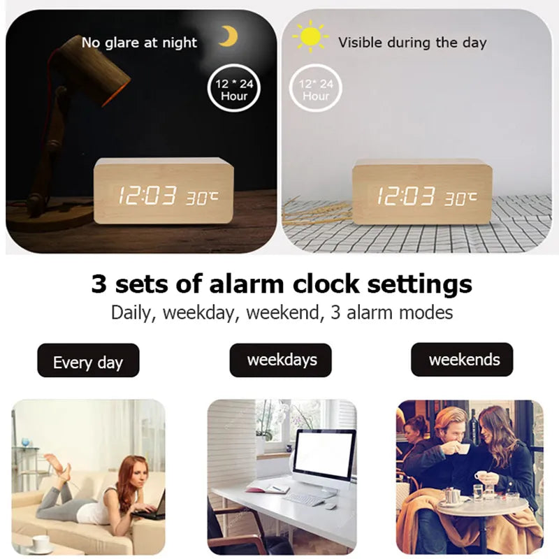 Digitalt LED Vækkeur i Trælook med Temperaturvisning