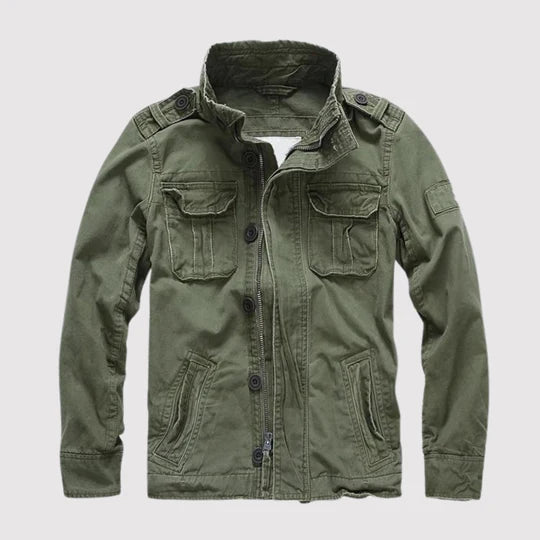 Chaqueta utilitaria para hombre con cremallera, botones y varios bolsillos