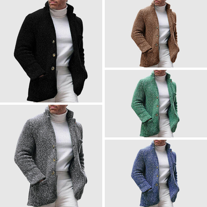 Herre Strikket Cardigan med Chunky Tekstur og Ståkrage