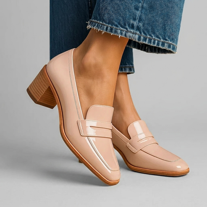 Damen-Blockabsatzschuhe in Hellrosa mit Riemen über dem Spann und geschlossener Zehenpartie