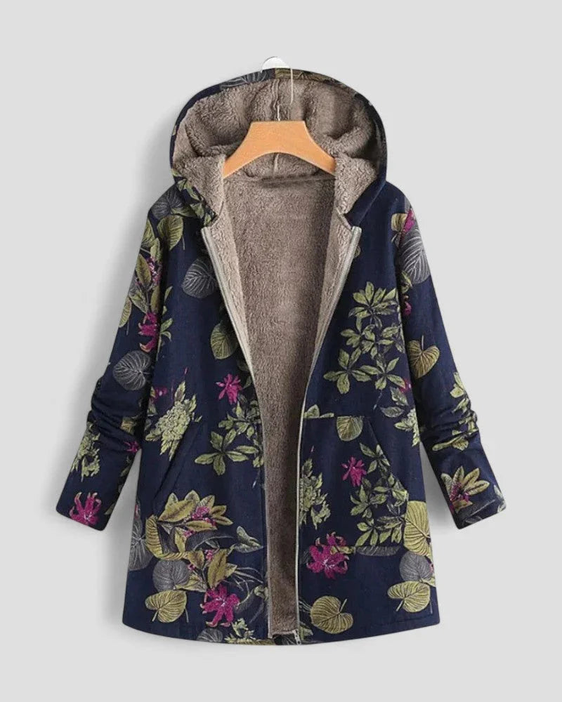 Kvinners Fleecejakke med Hette og Blomsterdesign