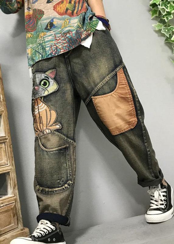 Kvinners Lekne Harem Jeans med Unikt Kattbroderi