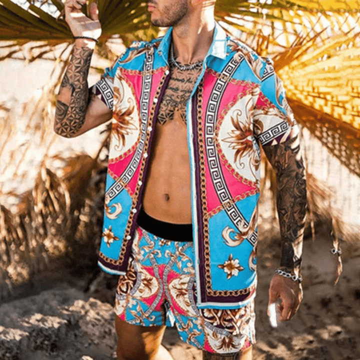 Menns Todelt Sommersett med Patchwork-Design – Komfortabelt og Stilig