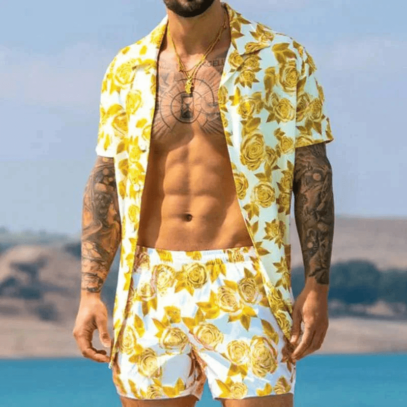 Menns Todelt Sommersett med Patchwork-Design – Komfortabelt og Stilig