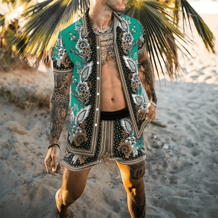 Menns Todelt Sommersett med Patchwork-Design – Komfortabelt og Stilig