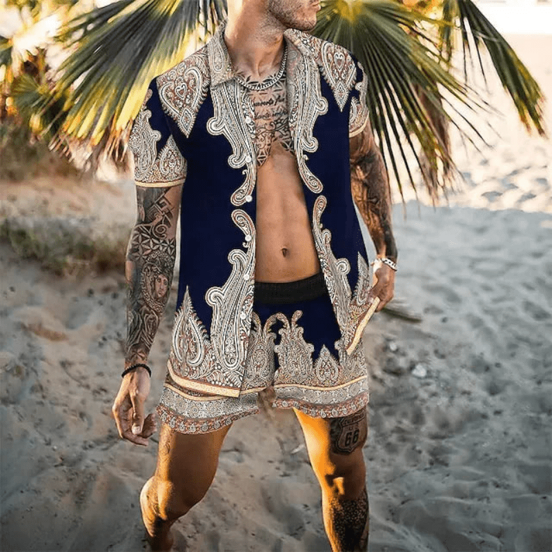 Menns Todelt Sommersett med Patchwork-Design – Komfortabelt og Stilig