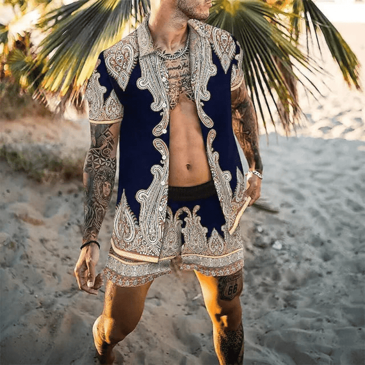 Menns Todelt Sommersett med Patchwork-Design – Komfortabelt og Stilig