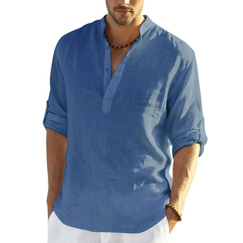 Herre Slim Fit Henley Skjorte i Let og Åndbart Stof