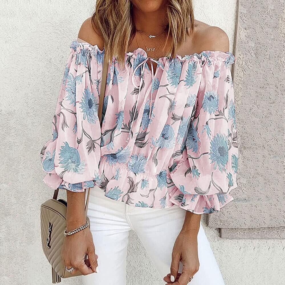 Stilig Dame Blomstret Bluse med Volanger og Off-Shoulder