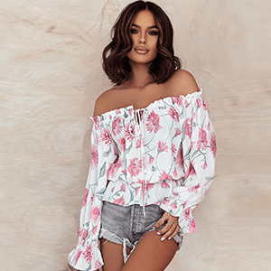 Stilig Dame Blomstret Bluse med Volanger og Off-Shoulder