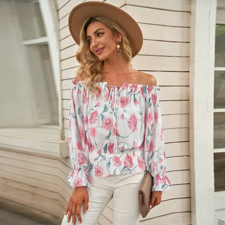 Stilig Dame Blomstret Bluse med Volanger og Off-Shoulder